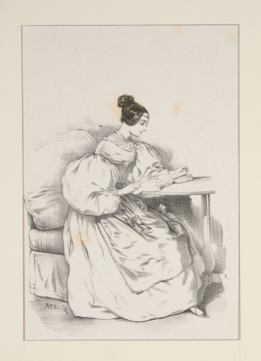 AT HOME. (September 1835) Dress in Scottish batiste,... by Paul Gavarni