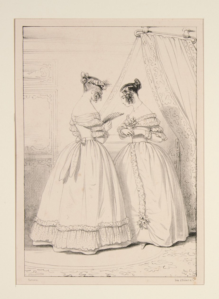 JANUARY 1838. Dress in crepe trimmed with a flounce of puffed tulle. by Paul Gavarni