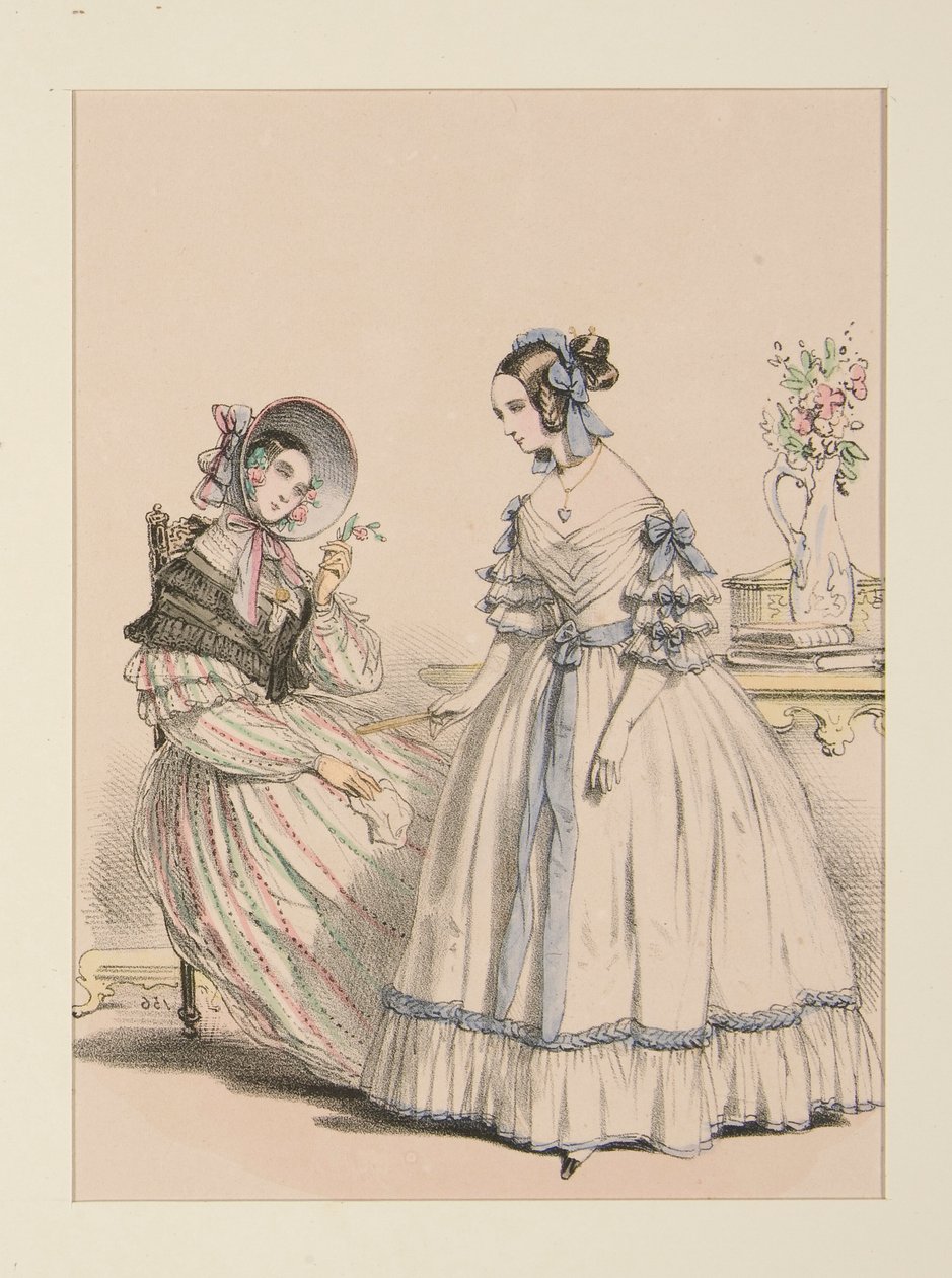 November 1838. Dress in Goat Hair Scarf with Pearl Stripes by Paul Gavarni