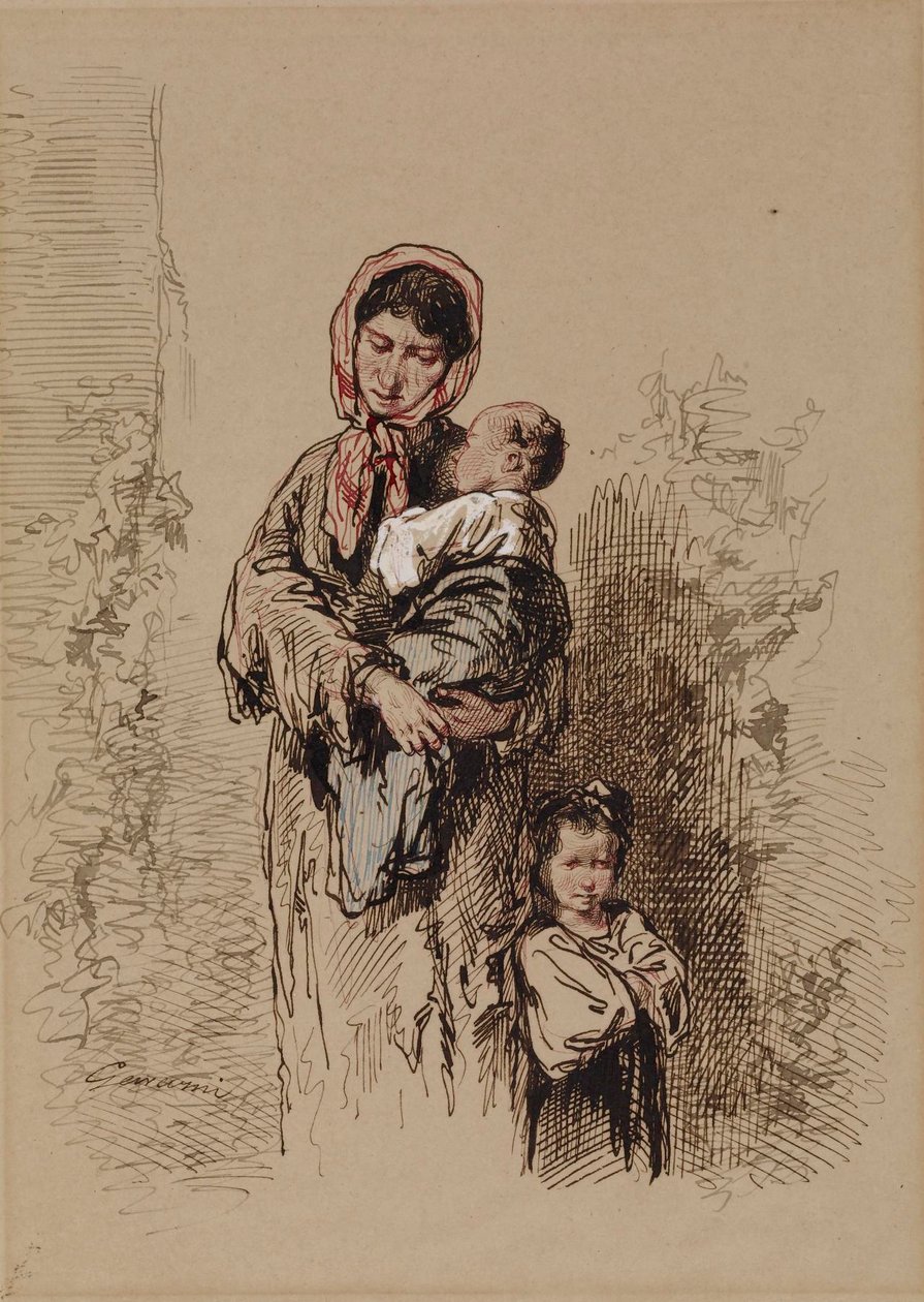 Peasant Woman with Two Young Children by Paul Gavarni