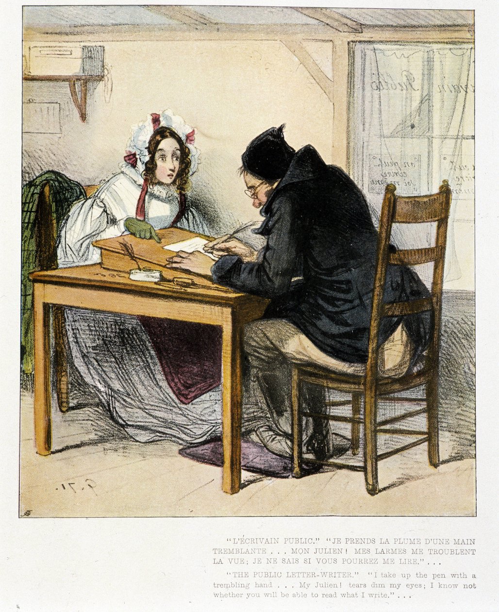 Public writer writing a letter for a young woman: engraving by Gavarni by Paul Gavarni