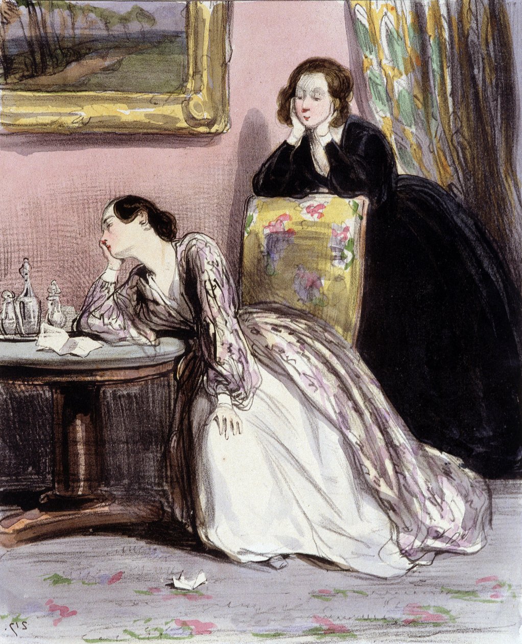 Two women in conversation about lovers, “Fourreries de femmes”, Gavarni, c. 1840 by Paul Gavarni
