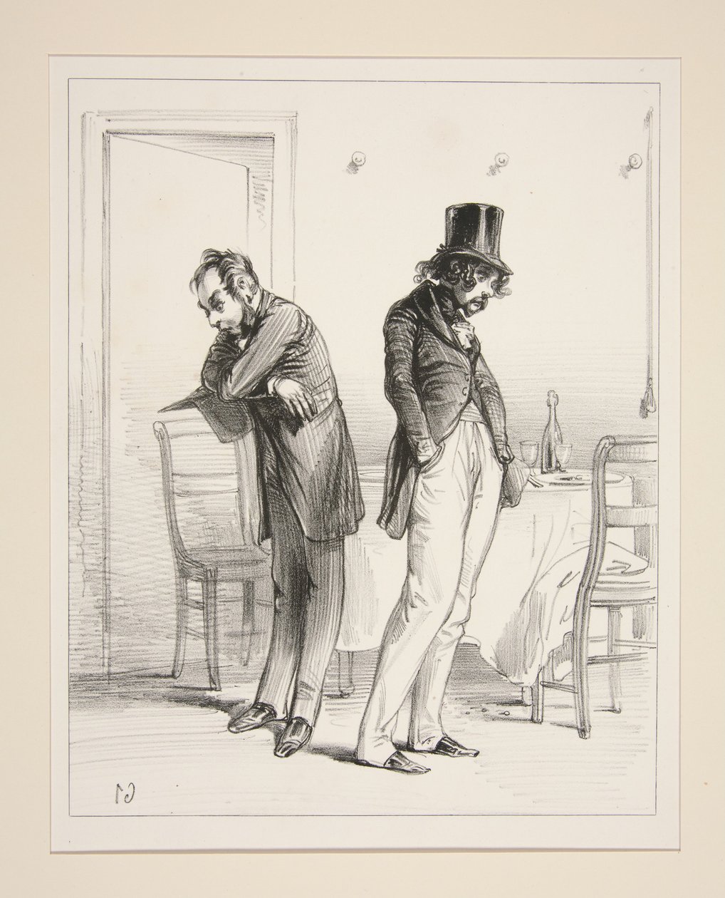 A Private Room. The waiter said a pink hat, a veil, a black shawl... by Paul Gavarni