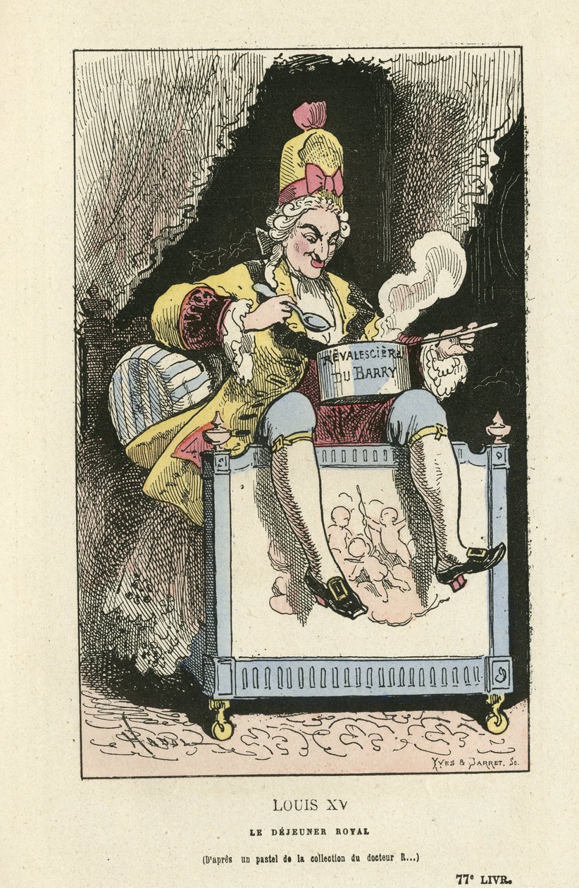 Illustration of Hadol (1835-1875) in Histoire de France tintamarresque, ca. 1880 - Ancien régime - Du Barry Jeanne, Louis XV by Paul Hadol
