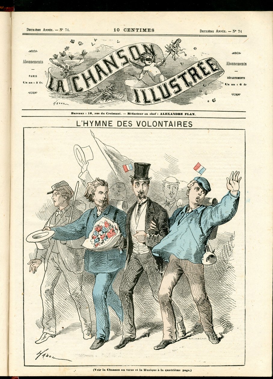 La Chanson illustree (magazine), number 74, Satirical in Colors, circa 1870: The Anthem of the Volunteers - War 1870-1871, Patriotism - Illustration by Hadol by Paul Hadol