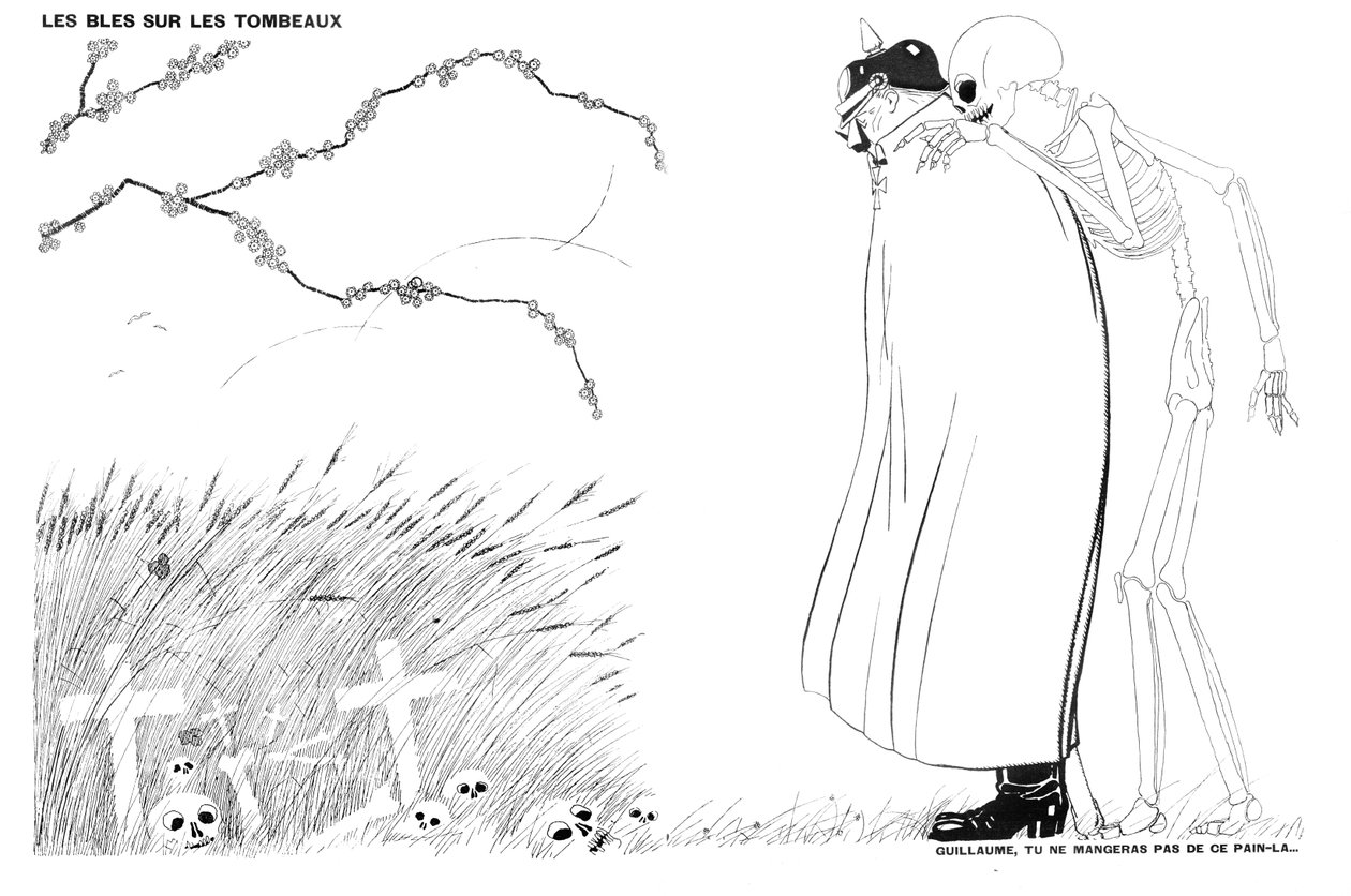 Death telling Kaiser Wilhelm that he will never eat bread made from wheat grown on the corpses and tombs of French soldiers, 13 April, 1916 by Paul Iribe