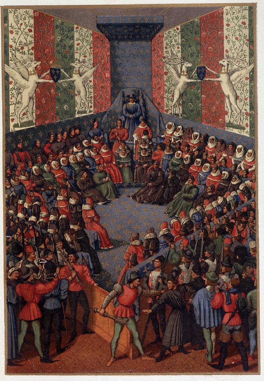 Charles VII presiding over the judgment of John, Duke of Alençon (allied to the English) at Vendome in 1458 - after the miniature of Fouquet, in 