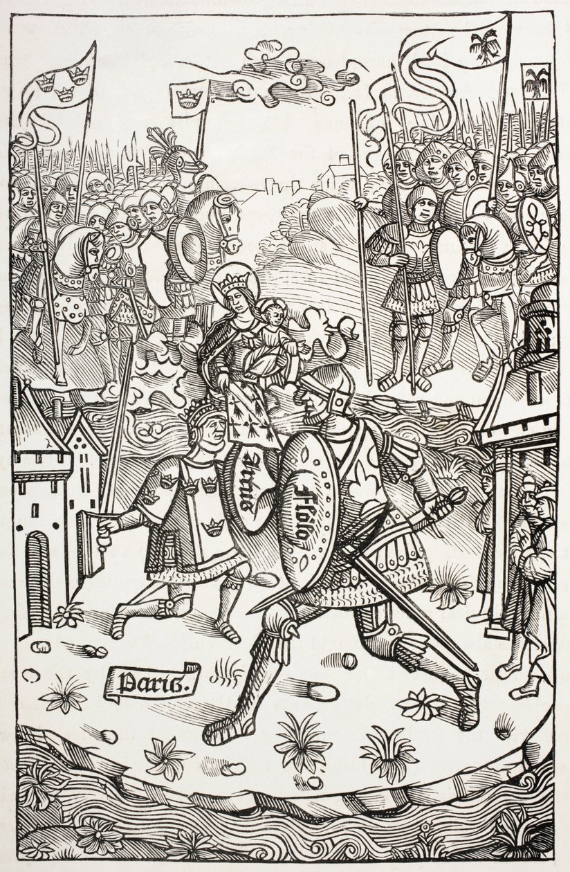 King Arthur Protected by the Virgin, Fighting a Giant (After Woodcut in Chroniques de Bretagne) by Paul Lacroix