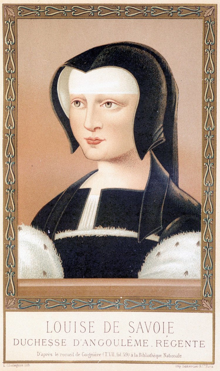 Portrait of Louise de Savoie (1476-1531), Duchess of Angouleme and Regent of France. Chromolithography from 