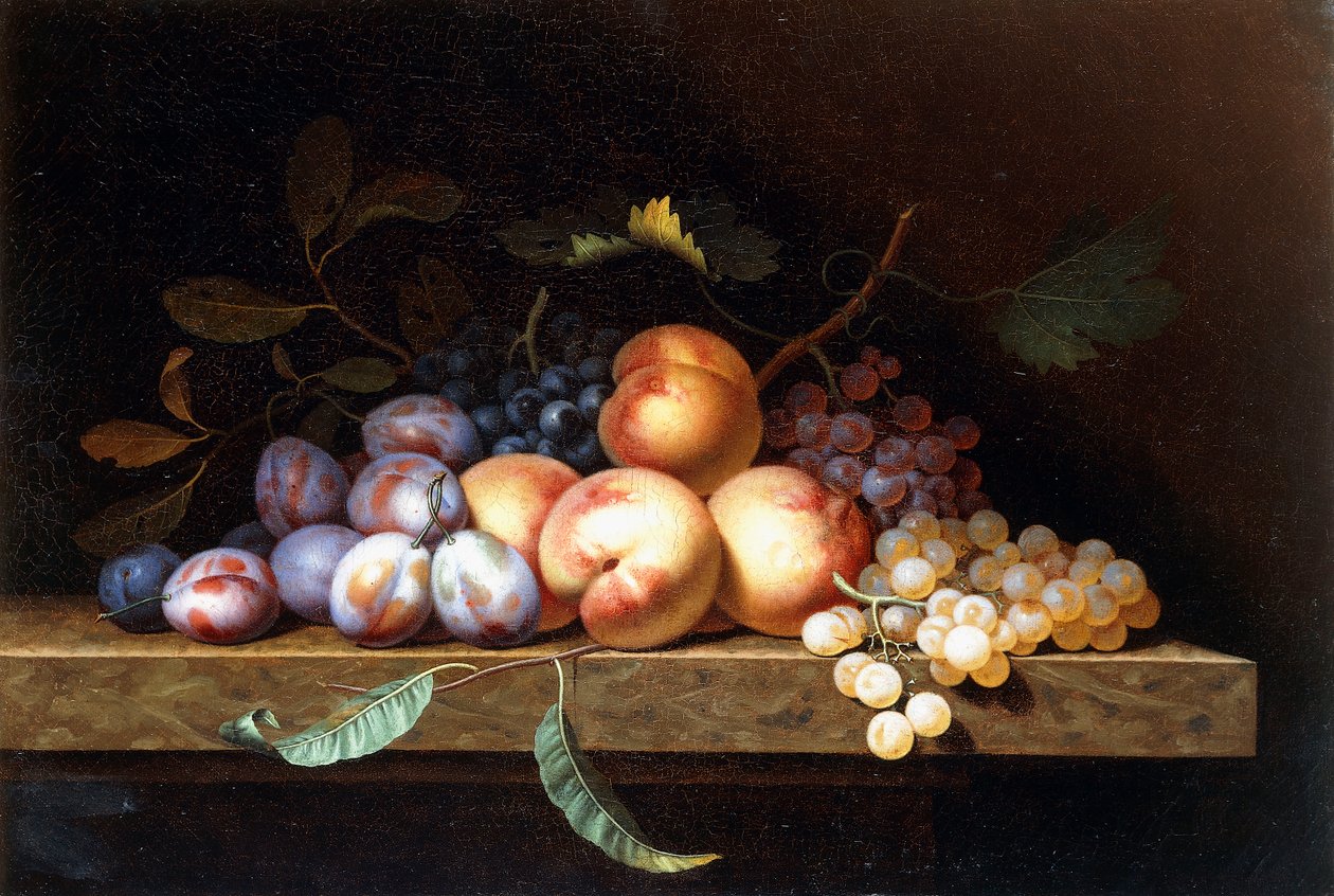 Peaches, Plums and Grapes on a Stone Ledge by Paul Liegeois