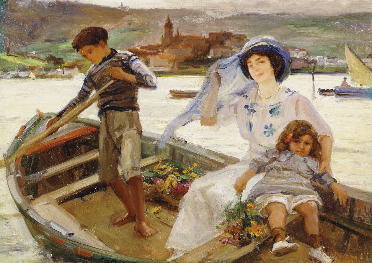 A Mother and Child Being Ferried Across a River with a Town Beyond by Paul Michel Dupuy