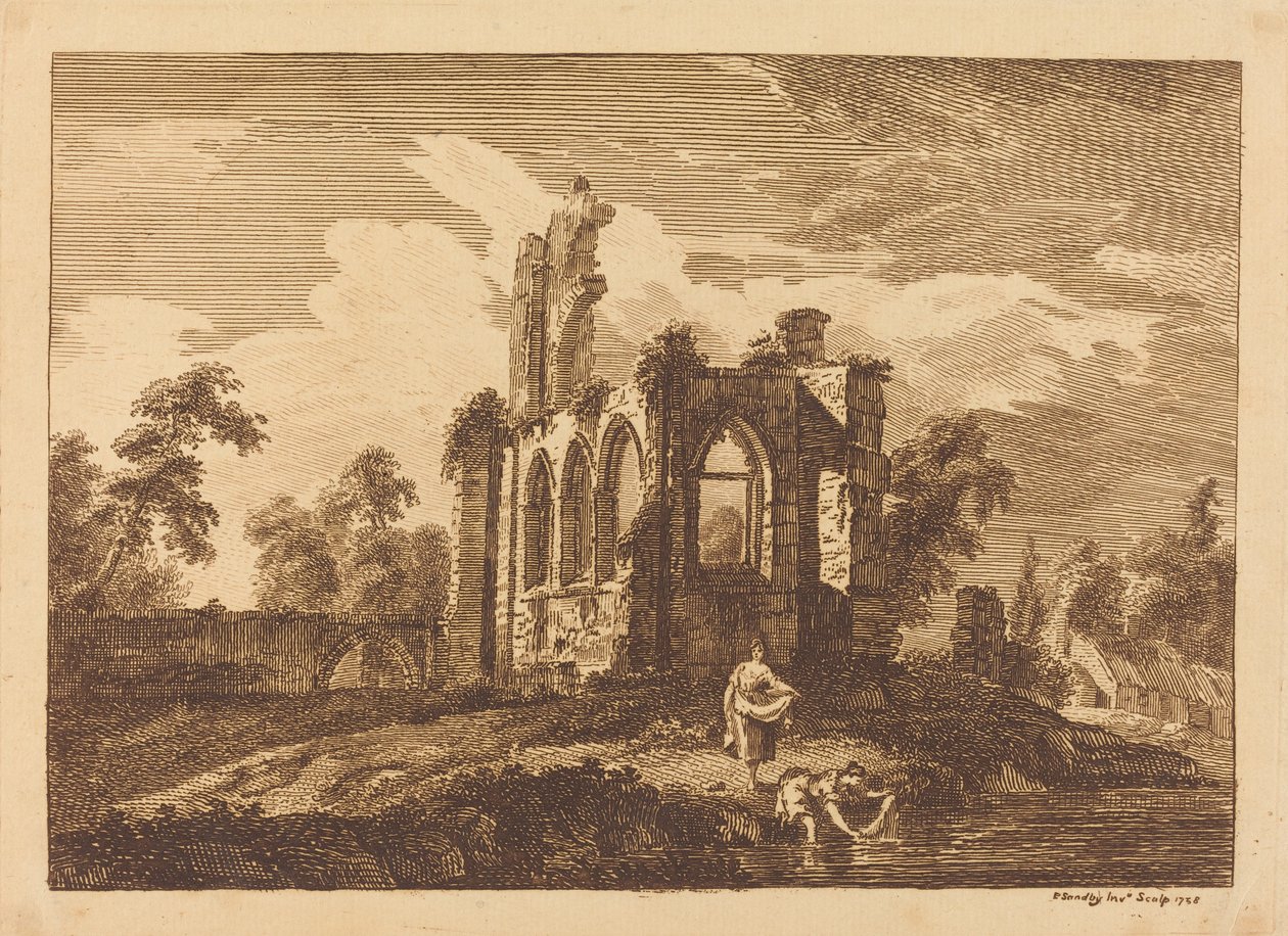Ruins with Two Women Washing Clothes in a River by Paul Sandby