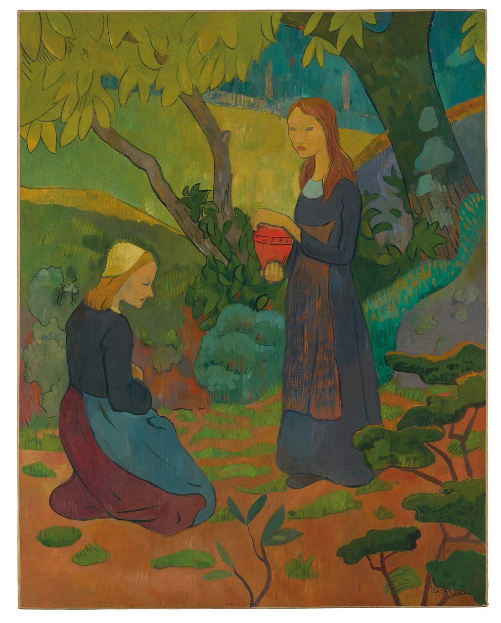 Young Breton Woman with Vermilion Pot and Kneeling Girl by Paul Sérusier