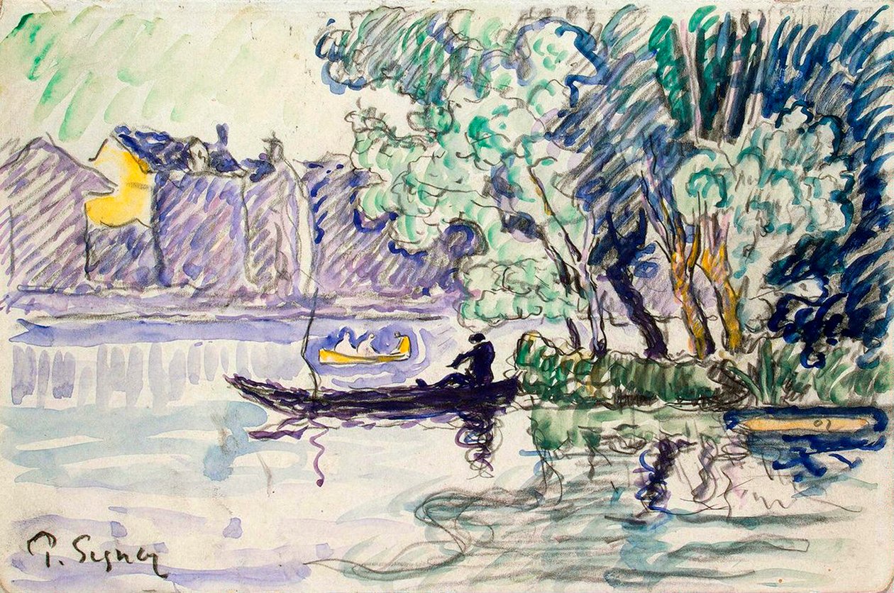 Fisherman in a Boat Near a Bank of the Seine by Paul Signac