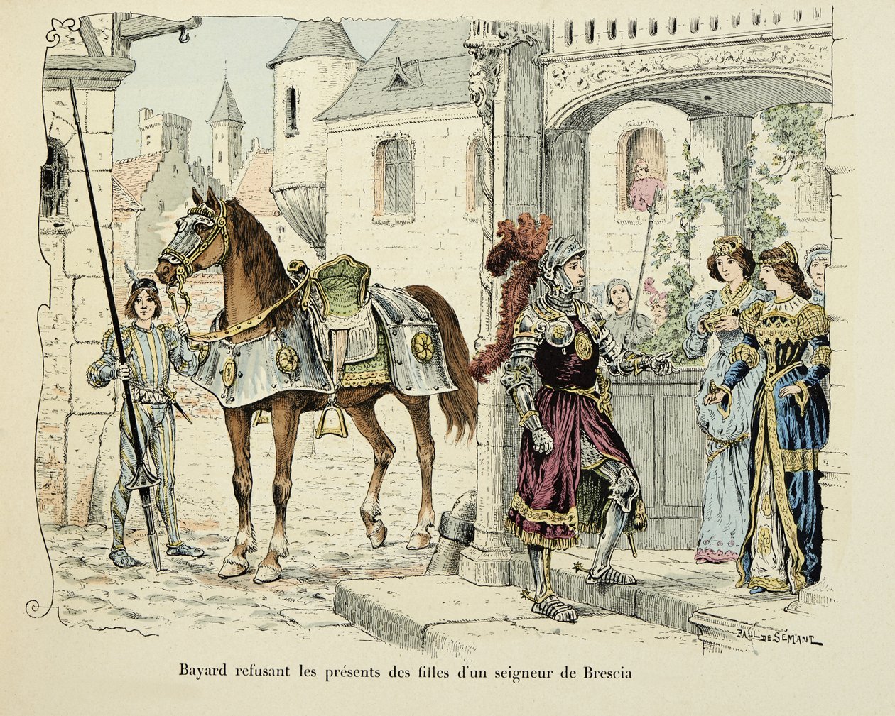 Illustration taken from the book Histoire du chevalier Bayard by Theodore Cahu, illustrated by Paul De Semant: Bayard refusing the presents of the daughters of a lord of Brescia 1512 by Paul de Semant