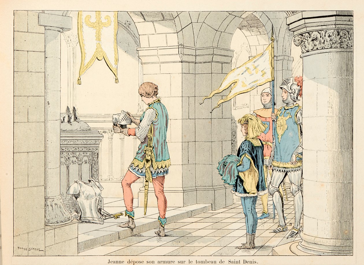 Illustration taken from the book Joan of Arc by Theodore Cahu and illustrated by Paul De Semant: Joan of Arc lays her armor on the tomb of Saint Denis by Paul de Semant
