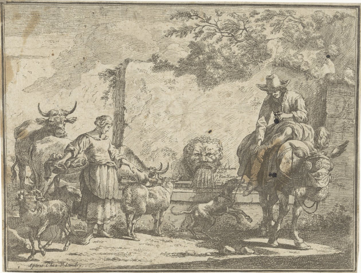 Woman and Man on a Donkey by a Water Well by Paul van Somer (II)