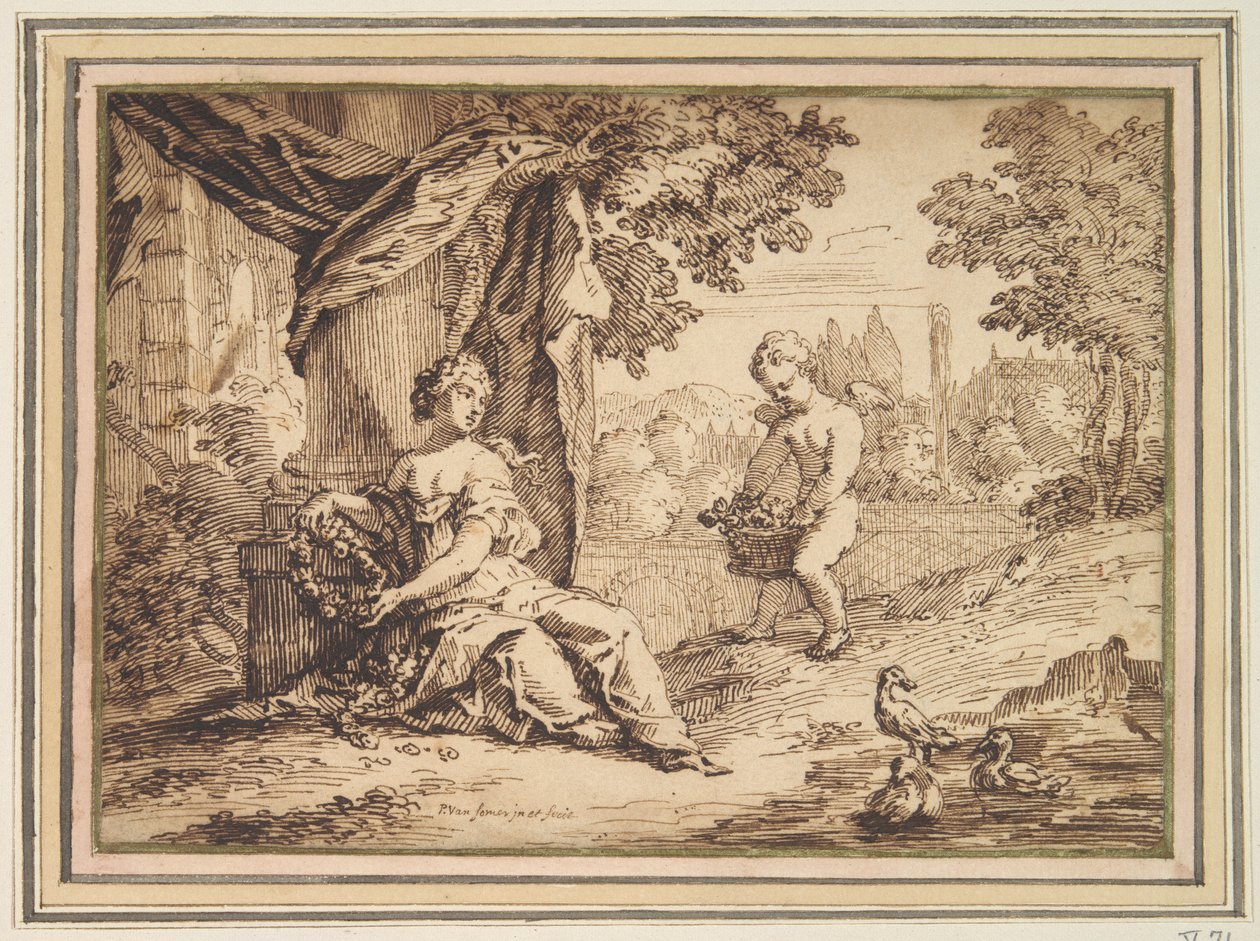Women Seated beneath Pillar with Putto by Paul van Somer