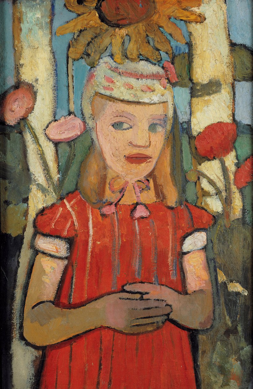 Girl in red dress in front of sunflower, 1907 by Paula Modersohn-Becker