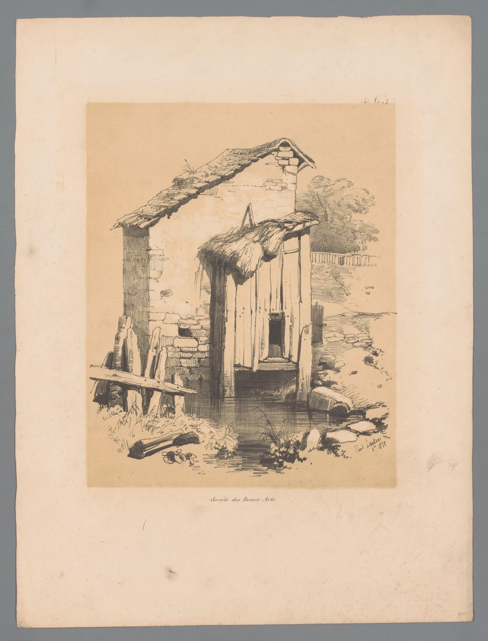 View of a Barn by the Water (series title: Picturesque Views by Paulus Lauters, Etrennes pittoresques pour 1839, par Lauters) by Paulus Lauters