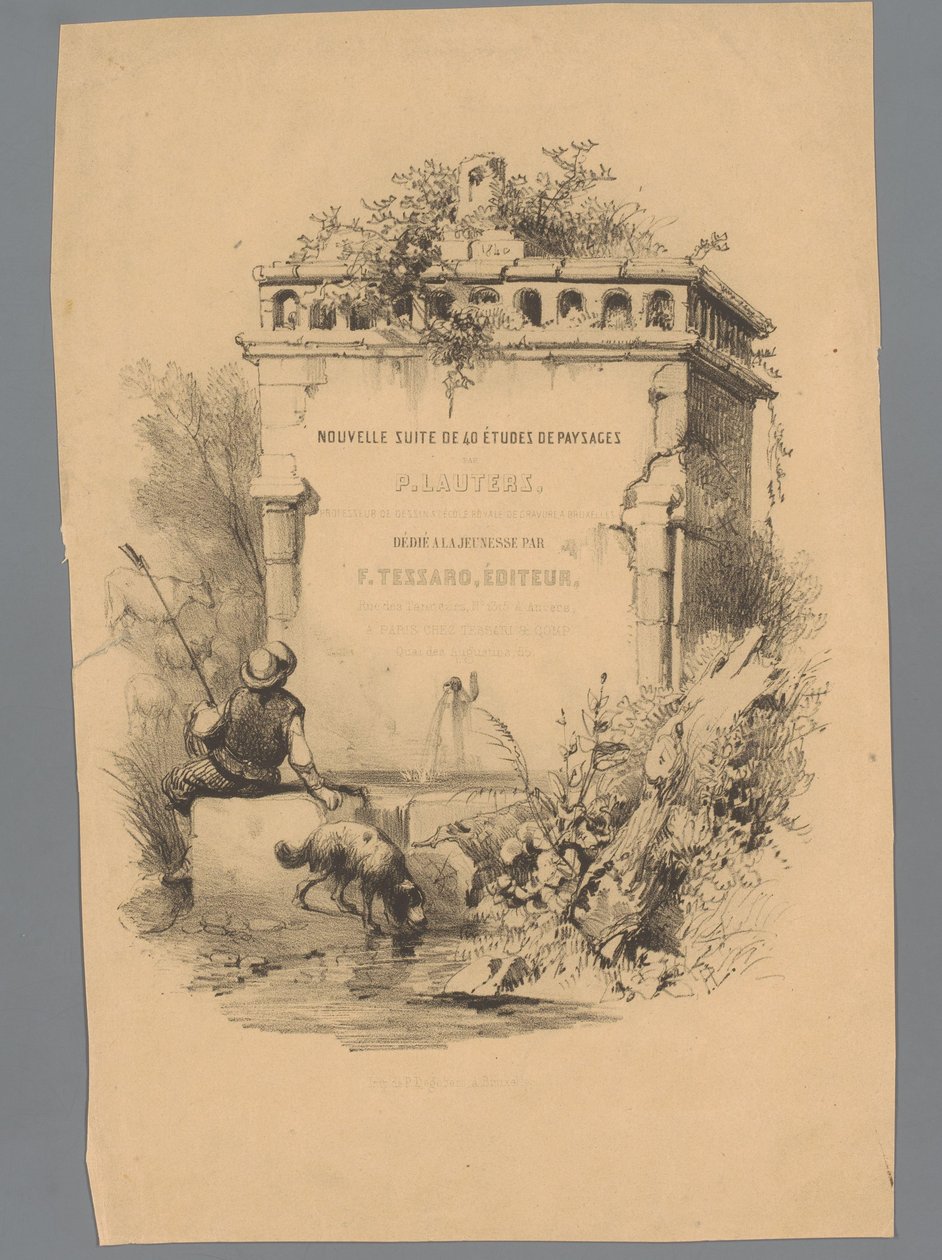 Man with Dog Sitting on the Edge of a Fountain (Landscape Studies by Paulus Lauters series) by Paulus Lauters