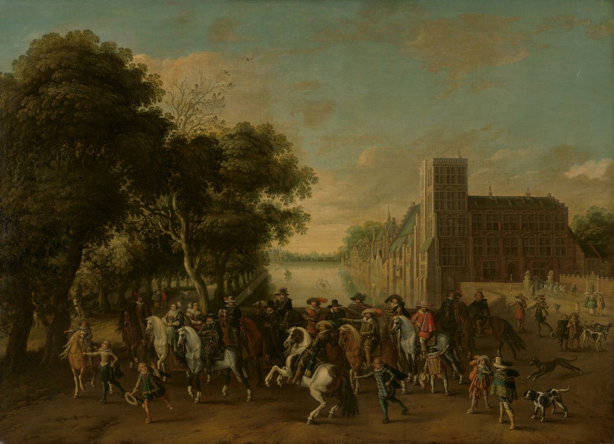 Prince Maurits, Accompanied by Prince Frederik Hendrik, Frederick V of Bohemia and His Wife Elizabeth Stuart, and Others, on the Buitenhof, The Hague by Pauwels van Hillegaert