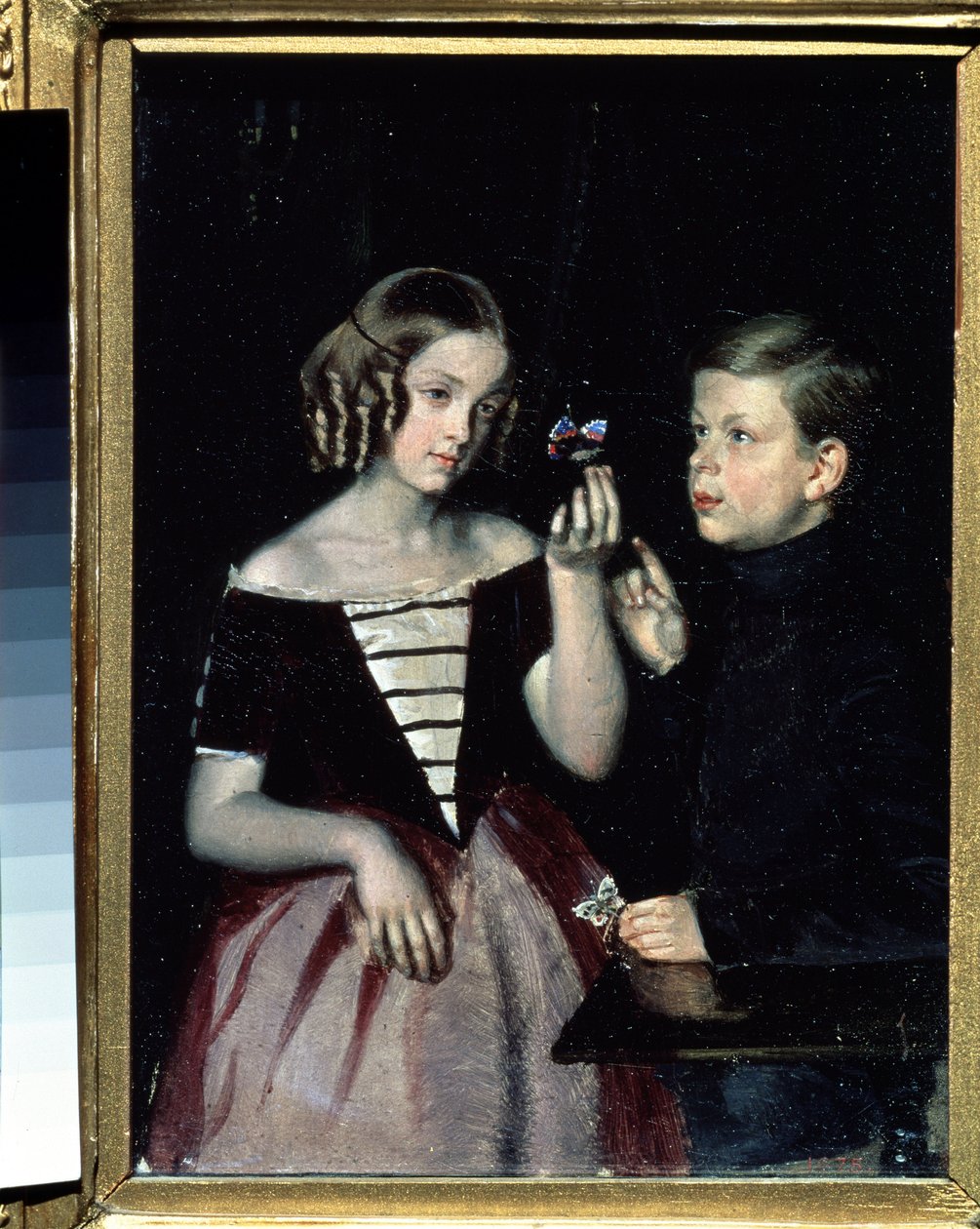Portrait of the Two Gerbin Children Contemplating a Butterfly by Pavel Andreevich Fedotov