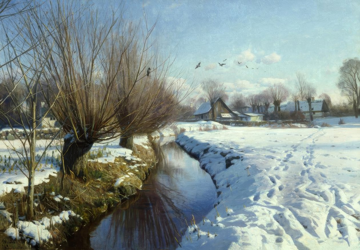 Sunny Winter Day by the Stream by Peder Monsted