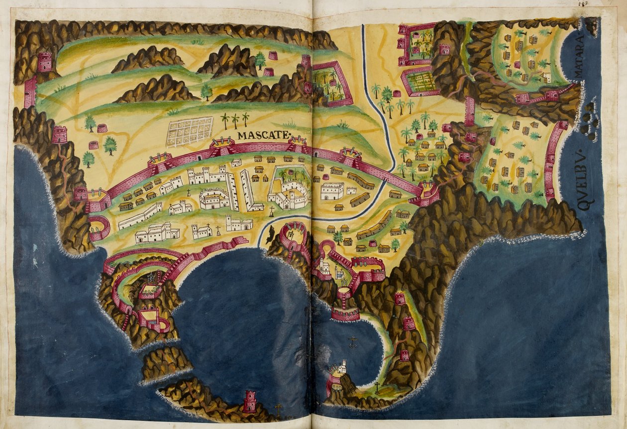 Below Portuguese Illustration of Muscat, from the Manuscript Livro do Estado da India Oriental of Pedro Barreto de Resende, Sloane MS 197 by Pedro Barretto de Resende