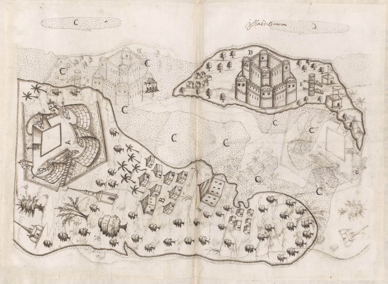 Portuguese plan of the Bahrain islands, Livro do Estado da India Oriental of Pedro Barreto de Resende, Sloane MS 197, f.165v-166r by Pedro Barretto de Resende