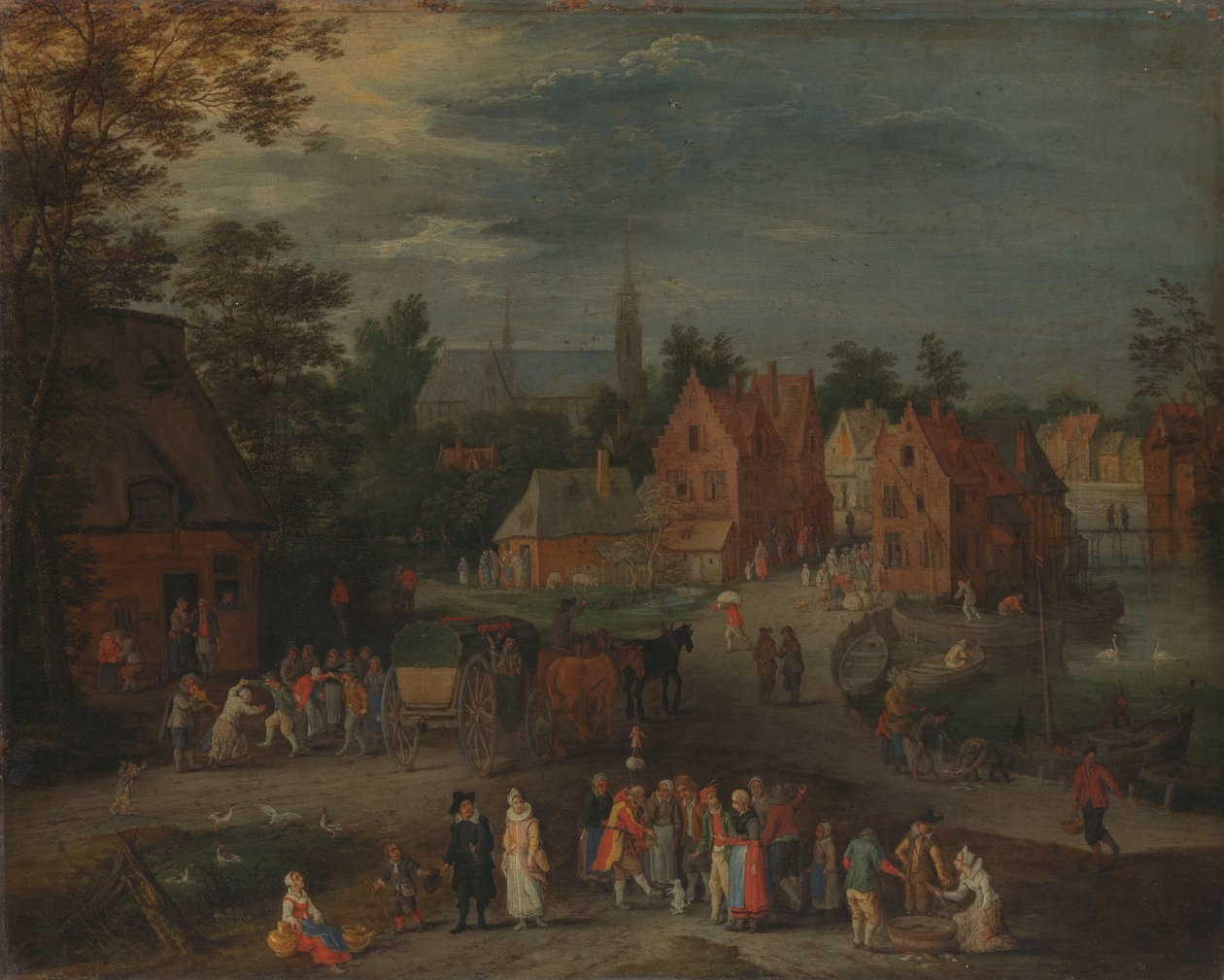 Village with a Puppeteer Entertaining a Small Crowd by Peeter (1621-91) Gijsels