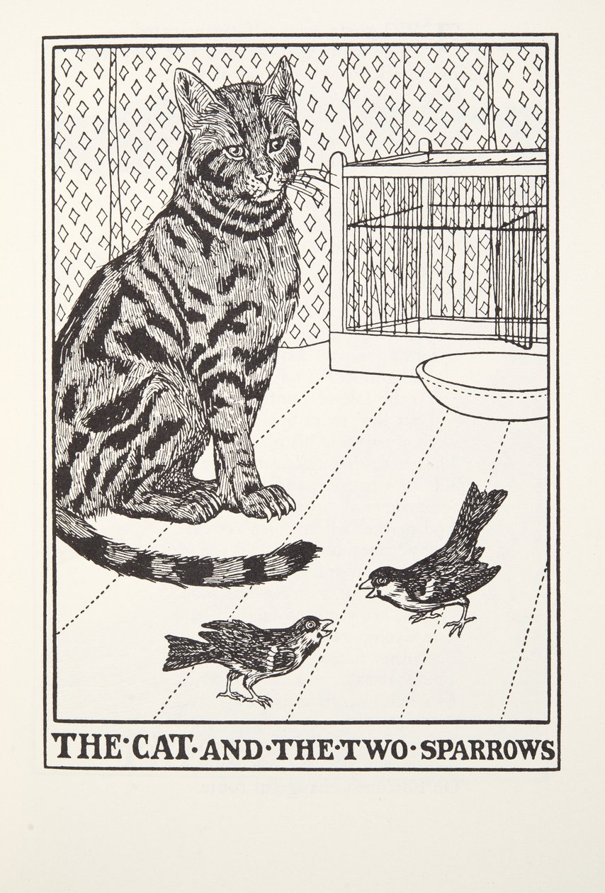 The Cat and the Two Sparrows, from Fontaine Fables, pub. 1905 by Percy J. Billingshurst