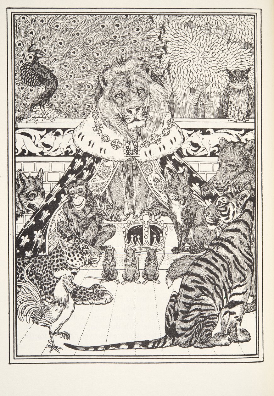 The Lion and his Associates, Frontispiece, from Fontaine Fables, pub. 1905 by Percy J. Billingshurst