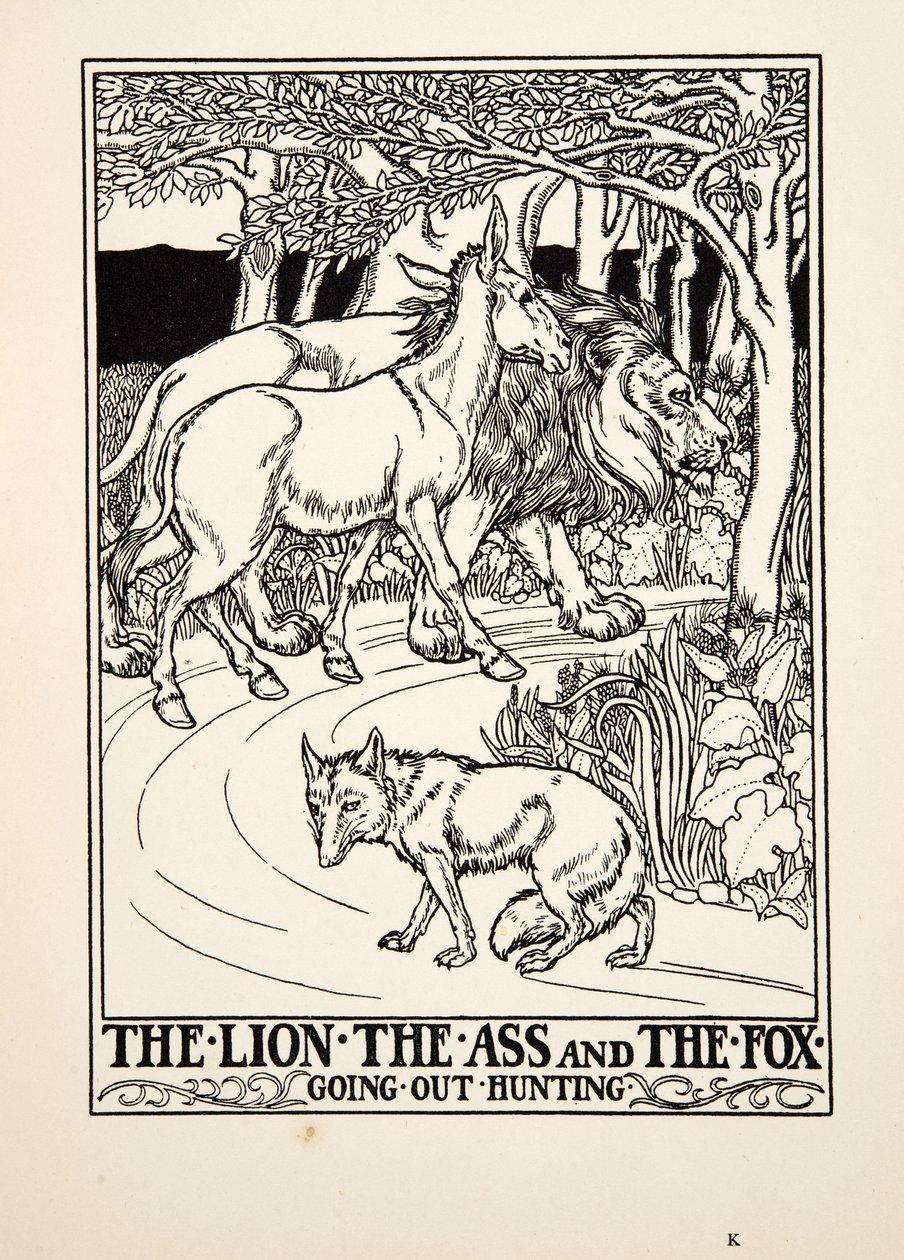 The Lion, the Ass and the Fox going out Hunting, from A Hundred Fables of Aesop, published 1903 by Percy J. Billingshurst