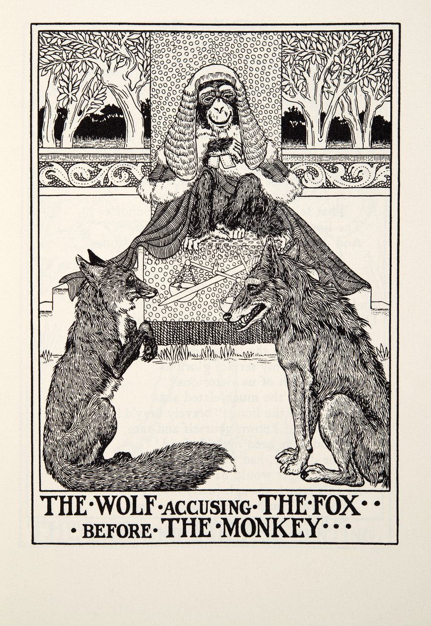 The Wolf Accusing The Fox before the Monkey, from Fontaine Fables, pub. 1905 by Percy J. Billingshurst