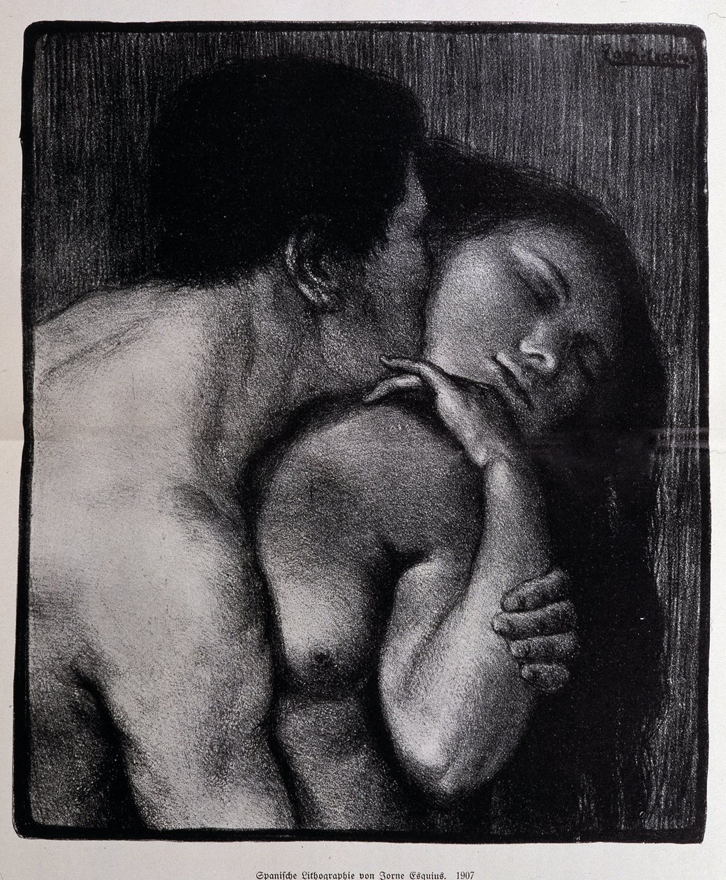 Man kissing a woman. Lithograph by Pere Torne-Esquius by Pere Torne Esquius