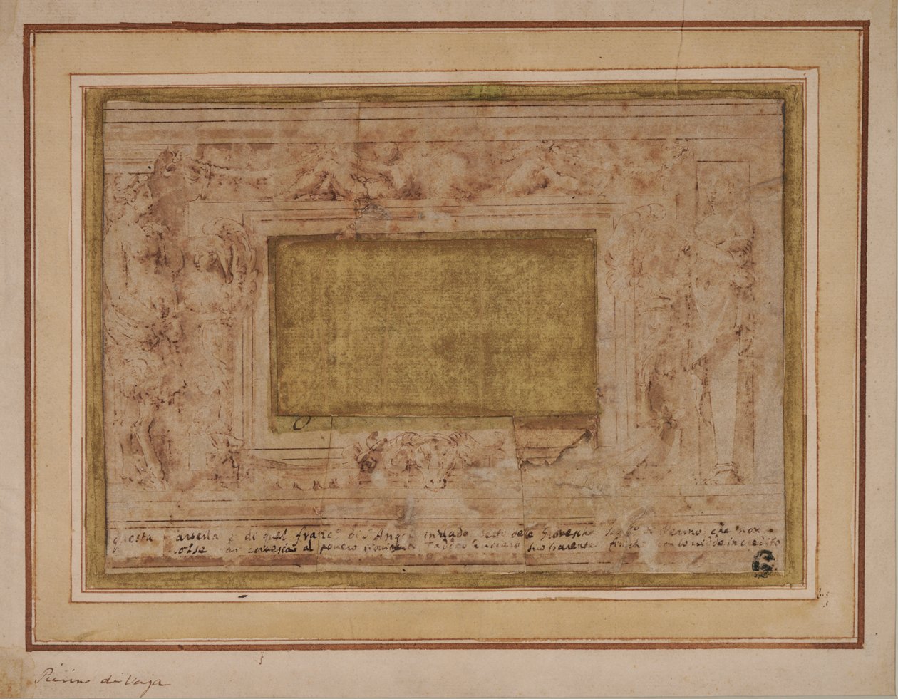 Design for stucco frame with caryatids, swags and putti by Perino del Vaga