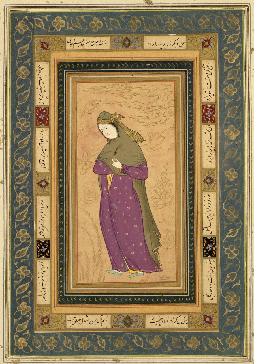 Girl holding an aigrette, from the Large Clive Album by Persian School