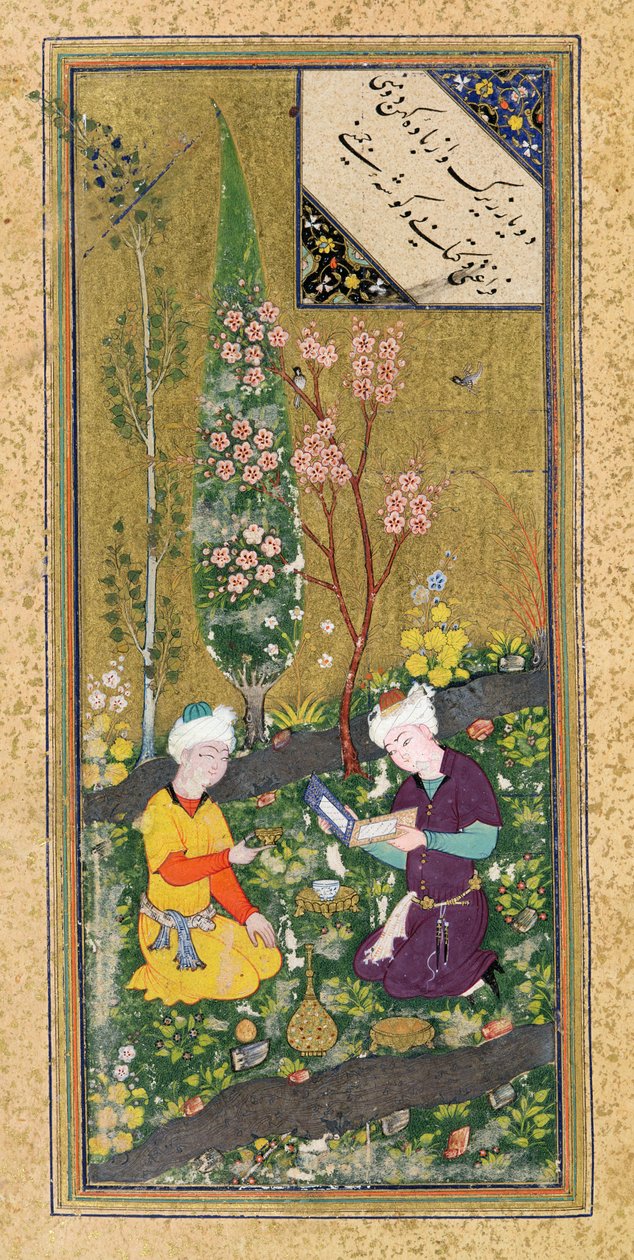 Ms C-860 fol.9a Two Figures Reading and Relaxing in an Orchard, c.1540-50 by Persian School