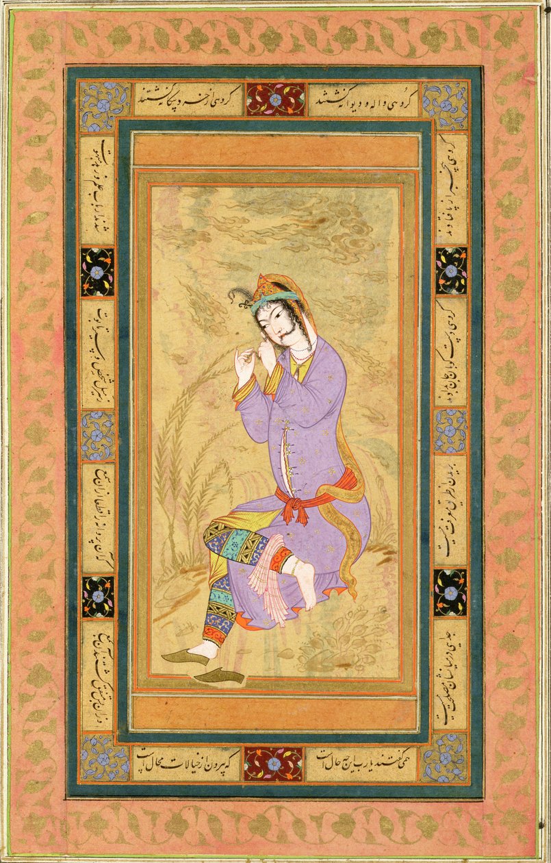 Seated girl curling her hair into ringlets, from the Large Clive Album, c.1600-10 by Persian School
