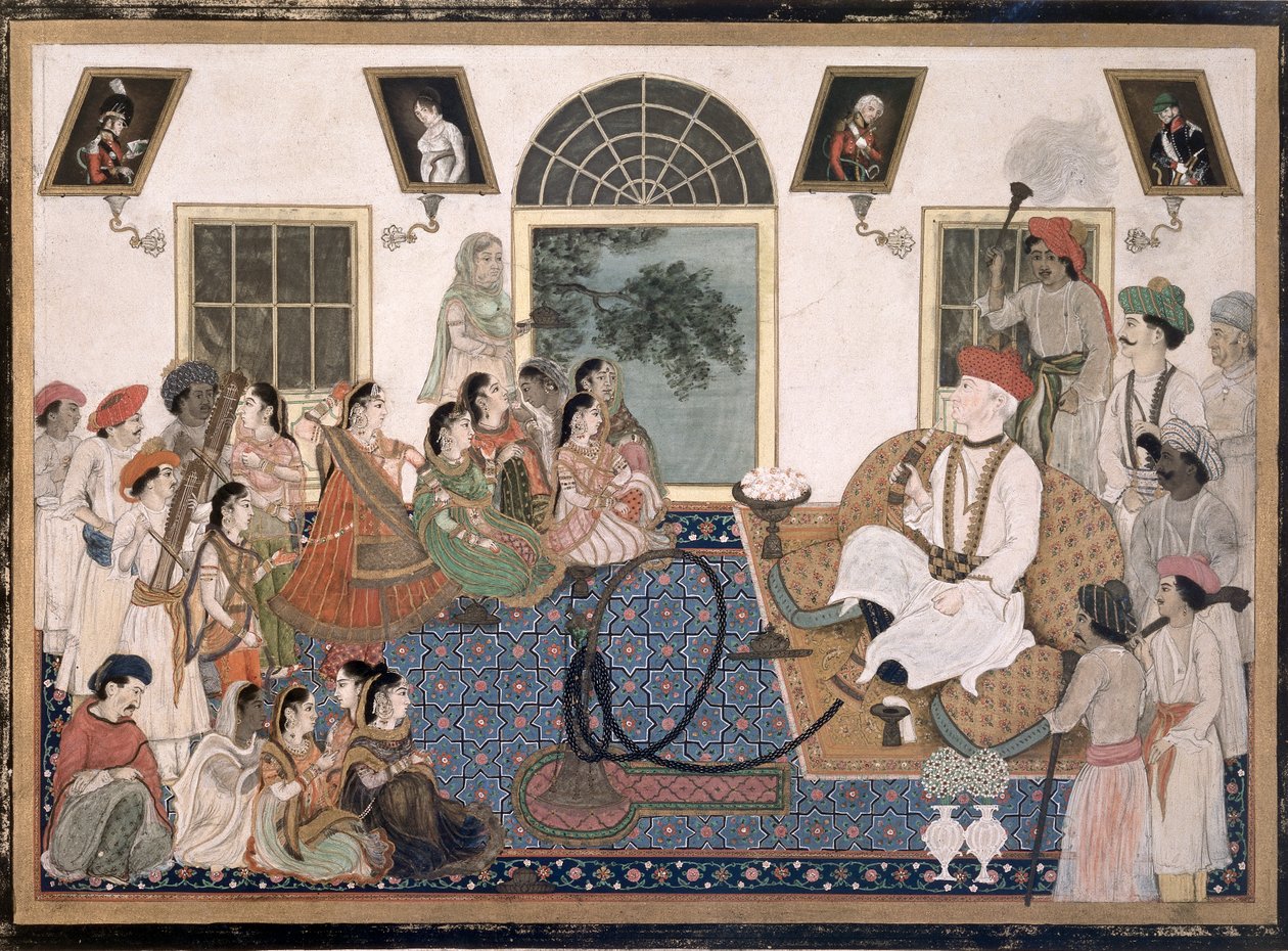 A European, probably Sir David Ochterlony, in Indian dress, smoking a hookah and watching a nautch in his house at Delhi by Persian School