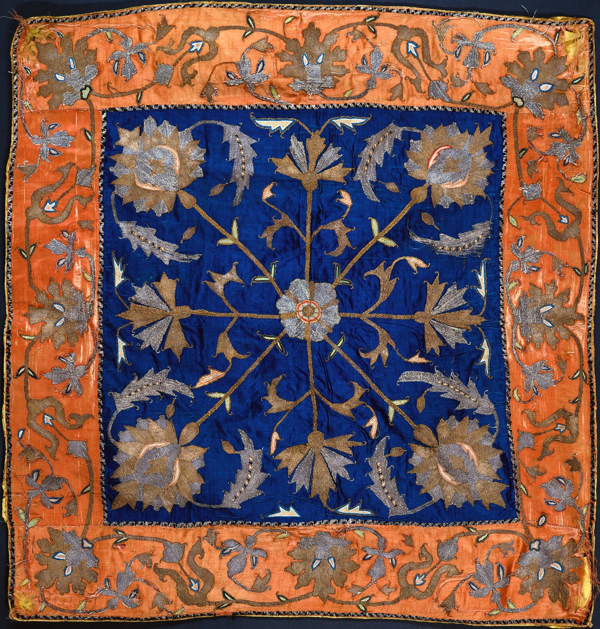 A Bocha Composed of Blue Satin Field Embroidered in Silver and Gilt Thread by Persian School