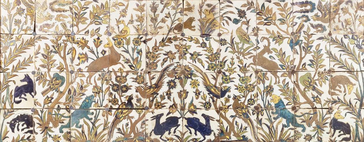 A Curda Seca Tile Panel, Comprising Four Rows of Ten Tiles, Painted with Vegetation Inhabited by Birds, Deer and Lions by Persian School