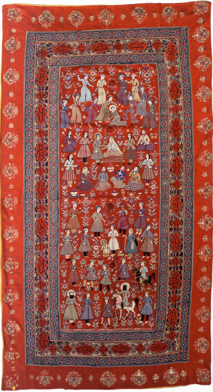 An Embroidered Hanging of Red Wool Facecloth with Rows of Figures Enacting the Life of Joseph by Persian School