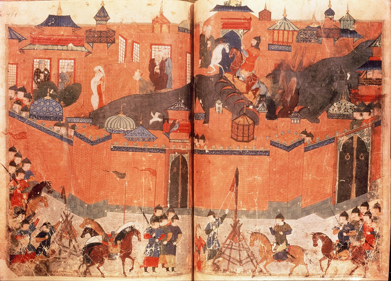 Mongols under the leadership of Hulagu Khan storming and capturing Baghdad in 1258, from a book by Rashid al-Din (1247-1318) by Persian School