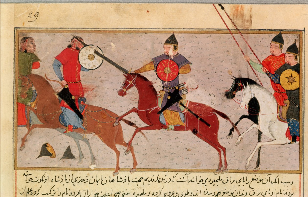 Genghis Khan (c.1162-1227) Fighting the Tartars, from a book by Rashid-al-Din (1247-1318) by Persian School