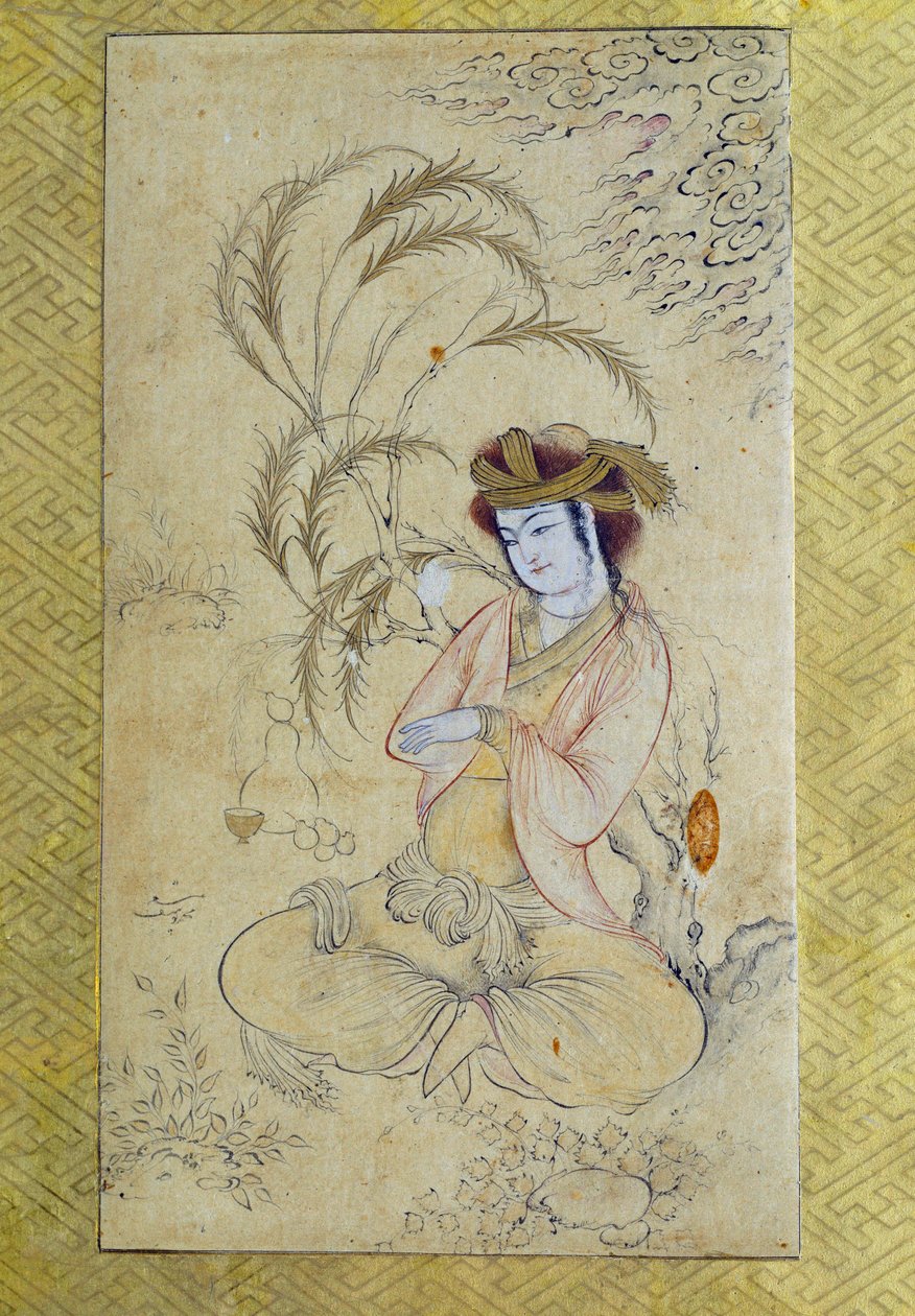 Persian Art: Young Man Reverting Under a Willow, Anonymous Gouache of 17th Century, Louvre Museum by Persian School