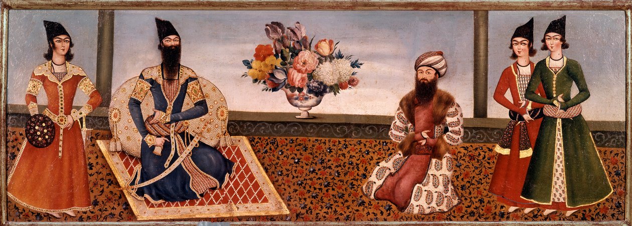 Persian King Fath Ali Shah (1771-1834) surrounds members of his court. Painting of Shiraz School (19th century) Teheran, Foroughi Collection by Persian School