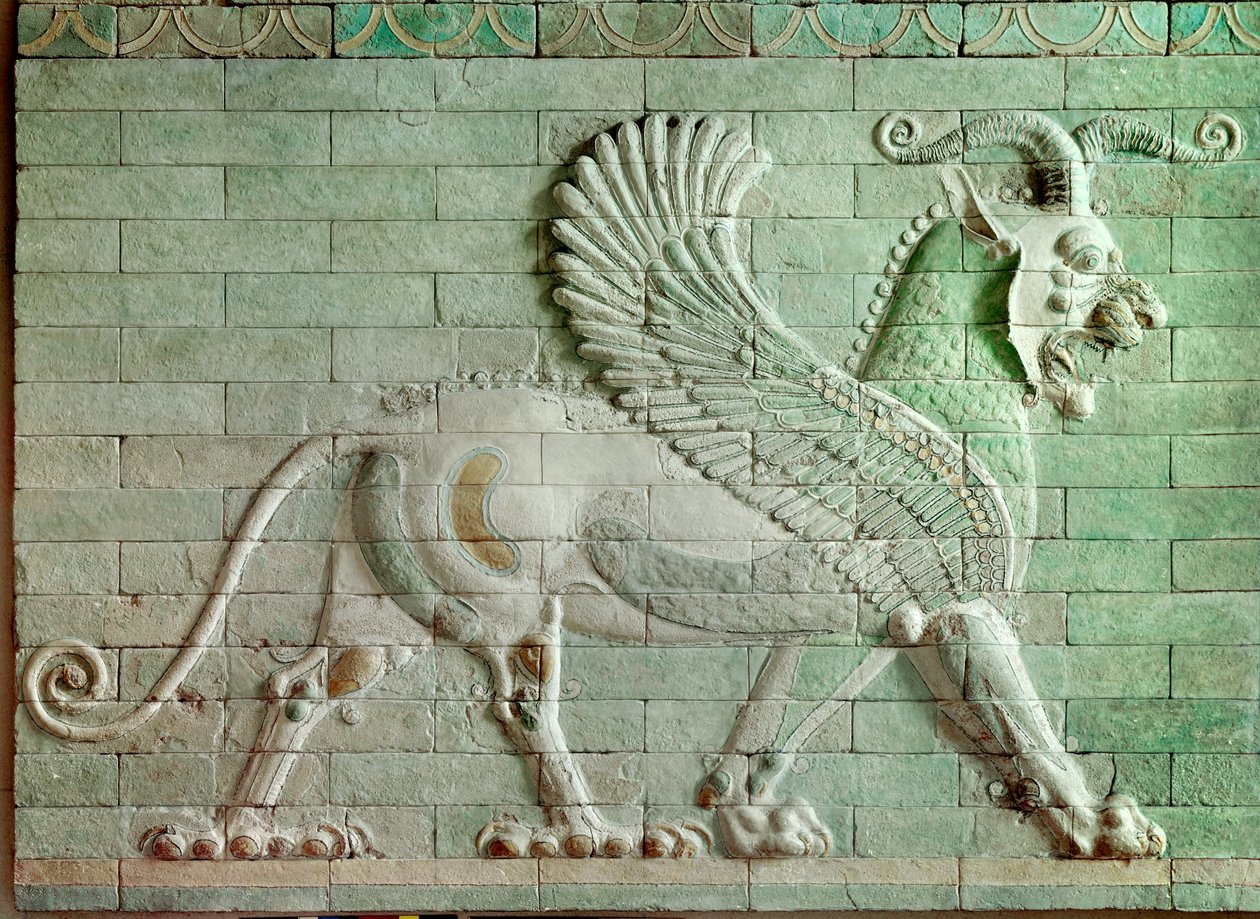 Persian period rouenide (Iran): low relief in enamelled brick representing a griffon. From the Palace of Darius I (550-486 BC), king of Persia at Susa. 510 BC. Paris, Louvre Museum by Persian School