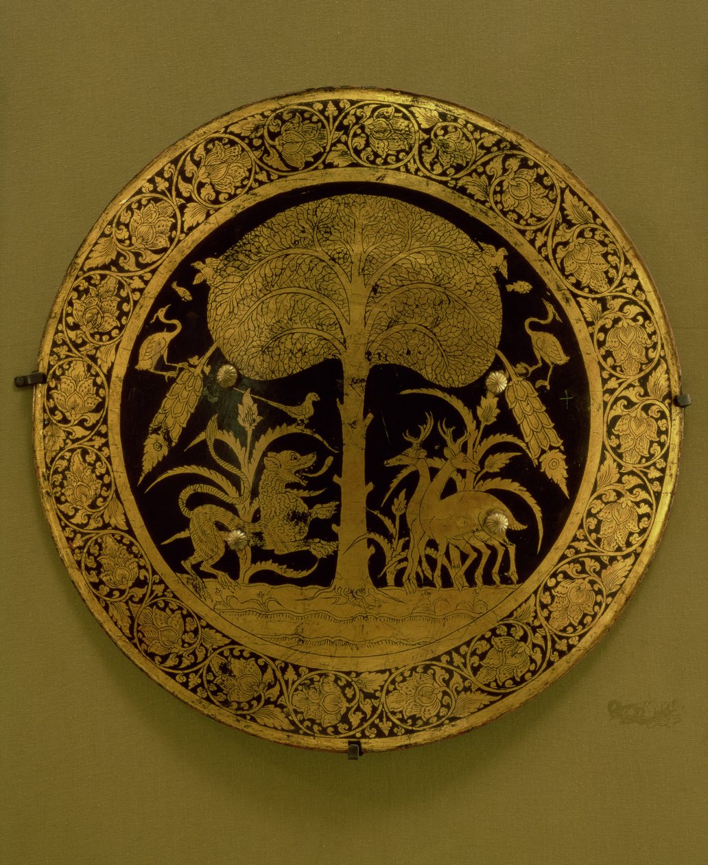Plate with a Border of Stylised Flowers Surrounding a Scene of Exotic Animals under a Spreading Tree by Persian School